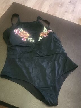 Black One-Piece Swimsuit with Rose Embroidery
